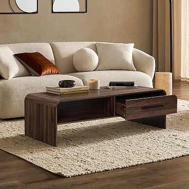 LuxenHome Walnut Finish 2-Drawer Coffee Table, Open Storage Center Table with Rounded Corners