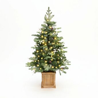 LuxenHome 3.9Ft Pre-Lit Artificial Pine Christmas Tree, Green Branches with Lights in Square Pot