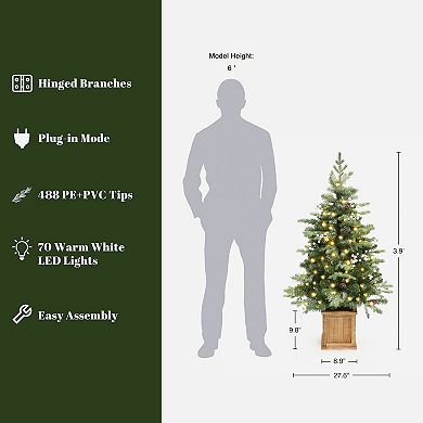 LuxenHome 3.9Ft Pre-Lit Artificial Pine Christmas Tree, Green Branches with Lights in Square Pot