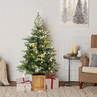 LuxenHome 3.9Ft Pre-Lit Artificial Pine Christmas Tree, Green Branches with Lights in Square Pot