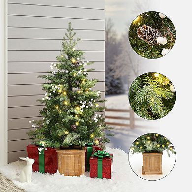 LuxenHome 3.9Ft Pre-Lit Artificial Pine Christmas Tree, Green Branches with Lights in Square Pot