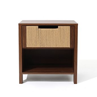 LuxenHome Walnut Finish MDF Wood with Rope Front 1-Drawer Nightstand and End Table