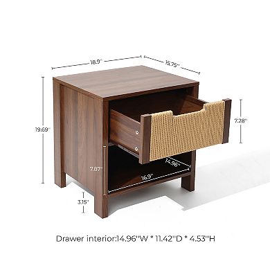 LuxenHome Walnut Finish MDF Wood with Rope Front 1-Drawer Nightstand and End Table