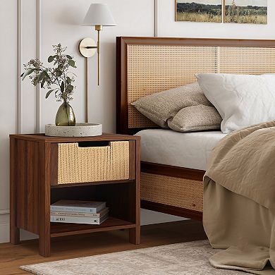 LuxenHome Walnut Finish MDF Wood with Rope Front 1-Drawer Nightstand and End Table