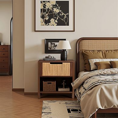 LuxenHome Walnut Finish MDF Wood with Rope Front 1-Drawer Nightstand and End Table