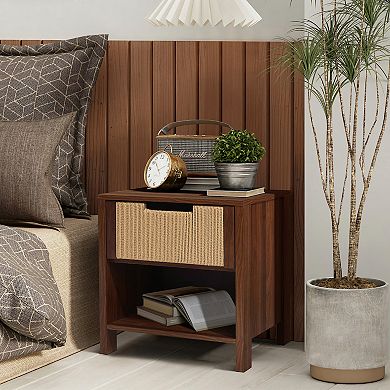 LuxenHome Walnut Finish MDF Wood with Rope Front 1-Drawer Nightstand and End Table