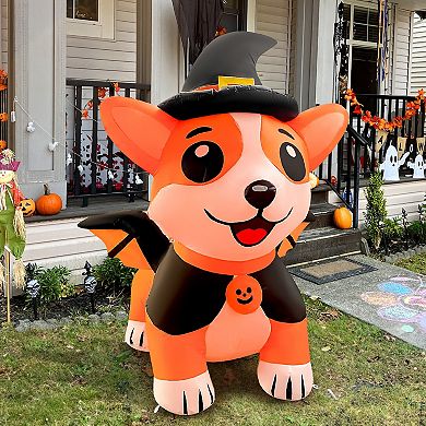 GOOSH 5.2FT Inflatable Halloween Dog with Witch Hat and Cape Light-Up Yard Decoration