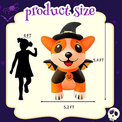 GOOSH 5.2FT Inflatable Halloween Dog with Witch Hat and Cape Light-Up Yard Decoration