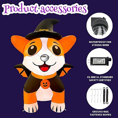 GOOSH 5.2FT Inflatable Halloween Dog with Witch Hat and Cape Light-Up Yard Decoration