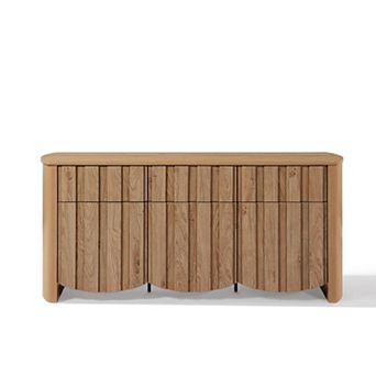 LuxenHome Oak Finish Manufactured Wood 3-Drawer 3-Door 63-Inch Wide Buffet Sideboard Cabinet