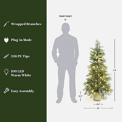 LuxenHome 4.5-Ft Pre-Lit Artificial Christmas Tree, 100 LED Lights, PE Tips, White Pot Base
