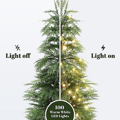LuxenHome 4.5-Ft Pre-Lit Artificial Christmas Tree, 100 LED Lights, PE Tips, White Pot Base