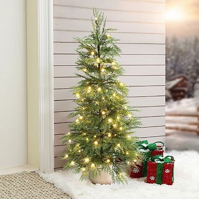 LuxenHome 4.5-Ft Pre-Lit Artificial Christmas Tree, 100 LED Lights, PE Tips, White Pot Base