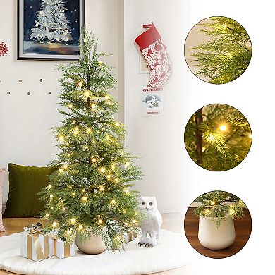 LuxenHome 4.5-Ft Pre-Lit Artificial Christmas Tree, 100 LED Lights, PE Tips, White Pot Base