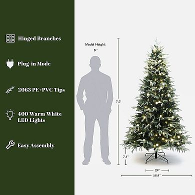 LuxenHome 7.5Ft Pre-Lit Green Full Artificial Christmas Tree with 400 Mixed Warm Lights and Stand