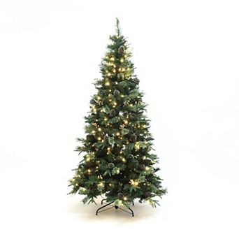 LuxenHome 6.5Ft Pre-Lit Artificial Pine Christmas Tree, Green Branches with Lights & Metal Stand