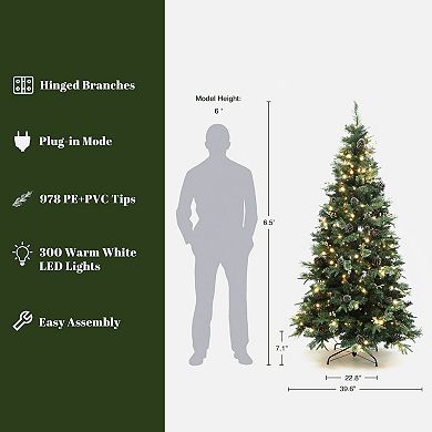 LuxenHome 6.5Ft Pre-Lit Artificial Pine Christmas Tree, Green Branches with Lights & Metal Stand
