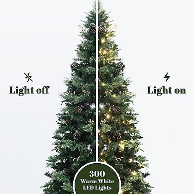 LuxenHome 6.5Ft Pre-Lit Artificial Pine Christmas Tree, Green Branches with Lights & Metal Stand
