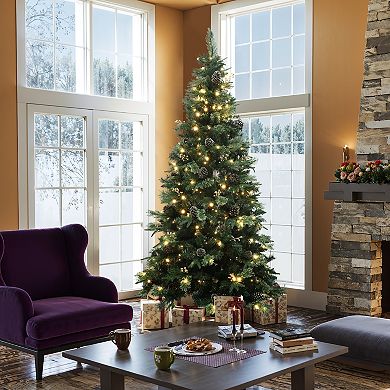 LuxenHome 6.5Ft Pre-Lit Artificial Pine Christmas Tree, Green Branches with Lights & Metal Stand