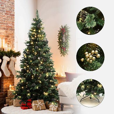 LuxenHome 6.5Ft Pre-Lit Artificial Pine Christmas Tree, Green Branches with Lights & Metal Stand