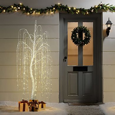 LuxenHome 5.9Ft Pre-Lit White Willow Artificial Tree with Realistic Faux Tree Trunk