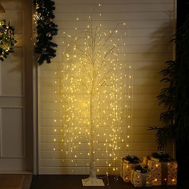 LuxenHome 5.9Ft Pre-Lit White Willow Artificial Tree with Realistic Faux Tree Trunk