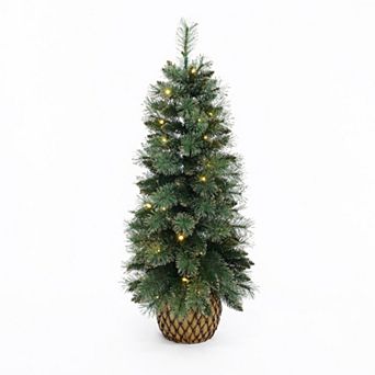 LuxenHome 4-Ft Pre-Lit Christmas Tree with 50 LED Lights, Glittered Branches & Woven Base