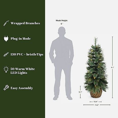 LuxenHome 4-Ft Pre-Lit Christmas Tree with 50 LED Lights, Glittered Branches & Woven Base