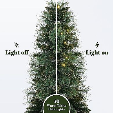 LuxenHome 4-Ft Pre-Lit Christmas Tree with 50 LED Lights, Glittered Branches & Woven Base