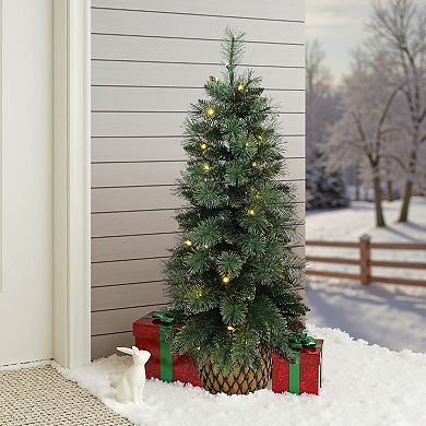 LuxenHome 4-Ft Pre-Lit Christmas Tree with 50 LED Lights, Glittered Branches & Woven Base