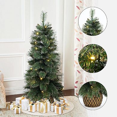LuxenHome 4-Ft Pre-Lit Christmas Tree with 50 LED Lights, Glittered Branches & Woven Base
