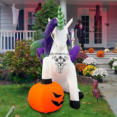 GOOSH 6FT Inflatable Halloween Unicorn with Pumpkin Light-Up Yard Decoration
