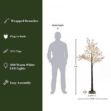 LuxenHome 5Ft Artificial Baby's Breath Tree with Pink Flowers and 300 Micro LED Lights