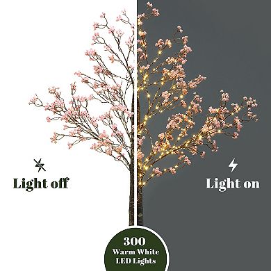 LuxenHome 5Ft Artificial Baby's Breath Tree with Pink Flowers and 300 Micro LED Lights