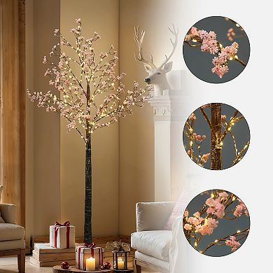 LuxenHome 5Ft Artificial Baby's Breath Tree with Pink Flowers and 300 Micro LED Lights
