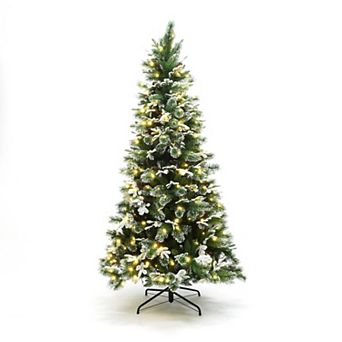 LuxenHome 7Ft Pre-Lit Lightly Snow-Flocked Green Branches Artificial Tree with Metal Stand