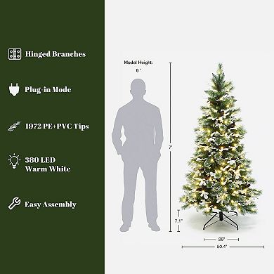 LuxenHome 7Ft Pre-Lit Lightly Snow-Flocked Green Branches Artificial Tree with Metal Stand
