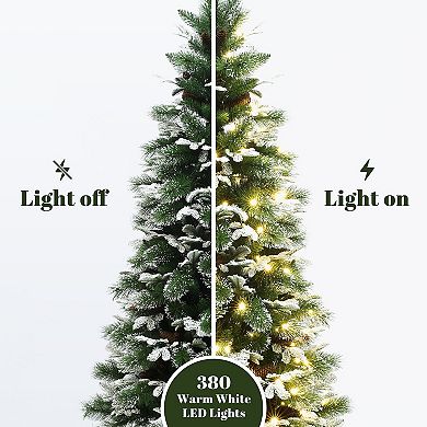 LuxenHome 7Ft Pre-Lit Lightly Snow-Flocked Green Branches Artificial Tree with Metal Stand