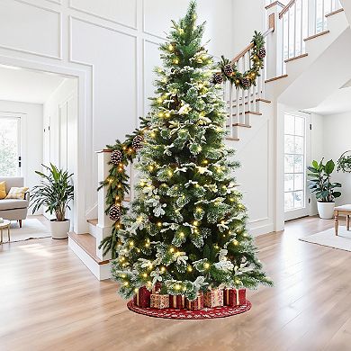 LuxenHome 7Ft Pre-Lit Lightly Snow-Flocked Green Branches Artificial Tree with Metal Stand