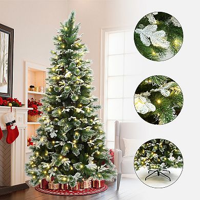 LuxenHome 7Ft Pre-Lit Lightly Snow-Flocked Green Branches Artificial Tree with Metal Stand
