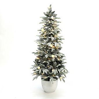LuxenHome 5Ft Flocked Artificial Tree Potted and Pre-Lit with 100 Lights