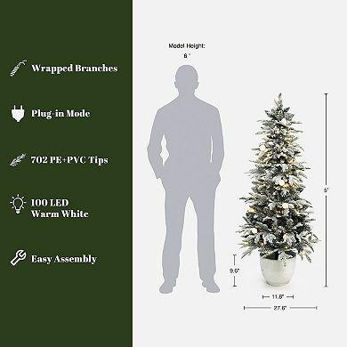 LuxenHome 5Ft Flocked Artificial Tree Potted and Pre-Lit with 100 Lights