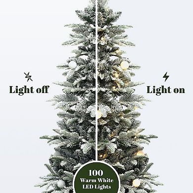 LuxenHome 5Ft Flocked Artificial Tree Potted and Pre-Lit with 100 Lights