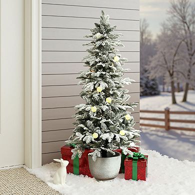 LuxenHome 5Ft Flocked Artificial Tree Potted and Pre-Lit with 100 Lights