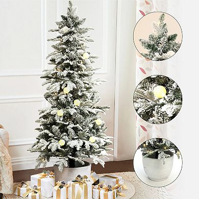 LuxenHome 5Ft Flocked Artificial Tree Potted and Pre-Lit with 100 Lights