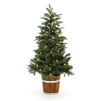 LuxenHome 4Ft Pre-Lit Green Artificial Christmas Tree with Round Wood Pot