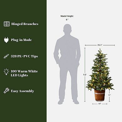 LuxenHome 4Ft Pre-Lit Green Artificial Christmas Tree with Round Wood Pot