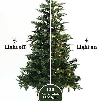 LuxenHome 4Ft Pre-Lit Green Artificial Christmas Tree with Round Wood Pot
