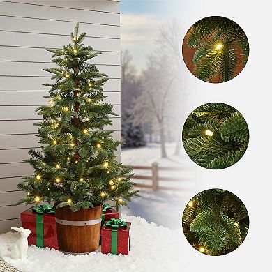LuxenHome 4Ft Pre-Lit Green Artificial Christmas Tree with Round Wood Pot