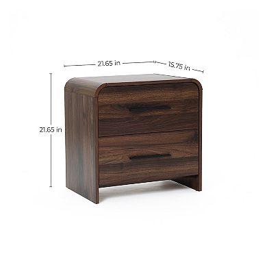 LuxenHome Walnut Finish 2-Drawer Nightstand & End Table, Engineered Wood with Rounded Corners